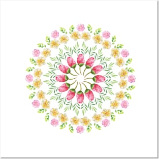 WHITE AND PINK AND YELLOW ROSES WITH GREENERY  WATERCOLOR MANDALA  ROSES Posters and Art